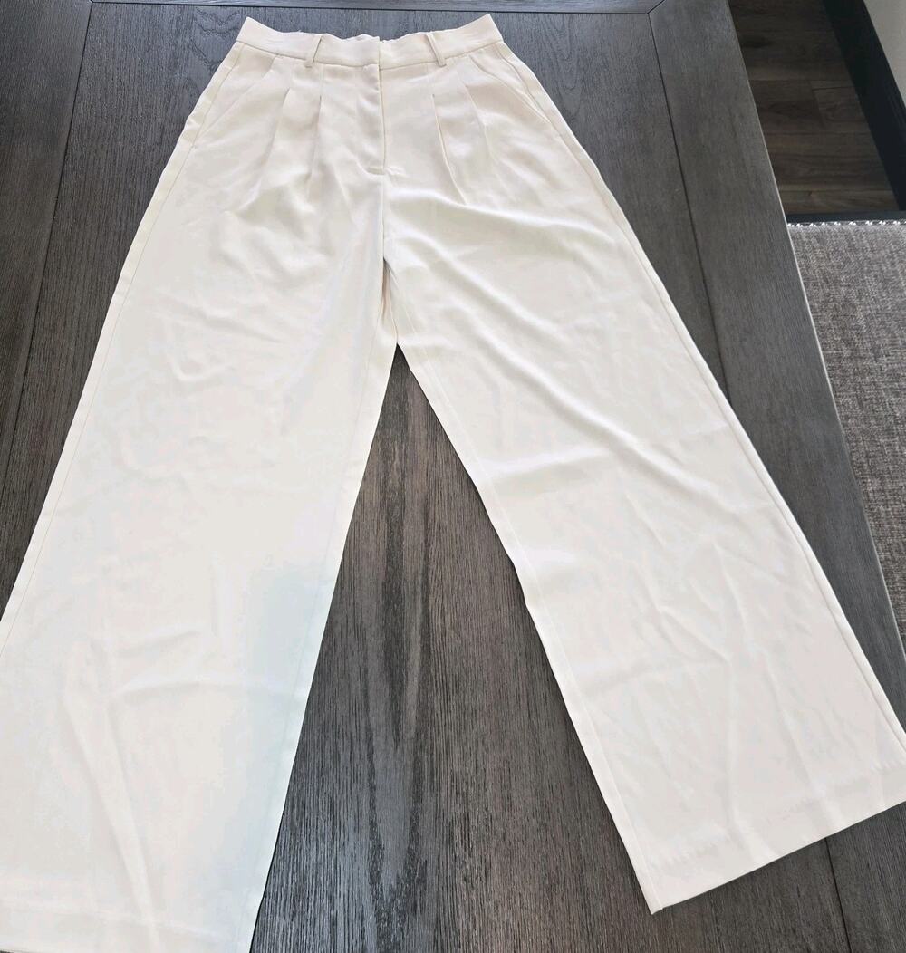 French Connection Cream Wide Leg Pants Pleated Trousers Womens Small 28x28